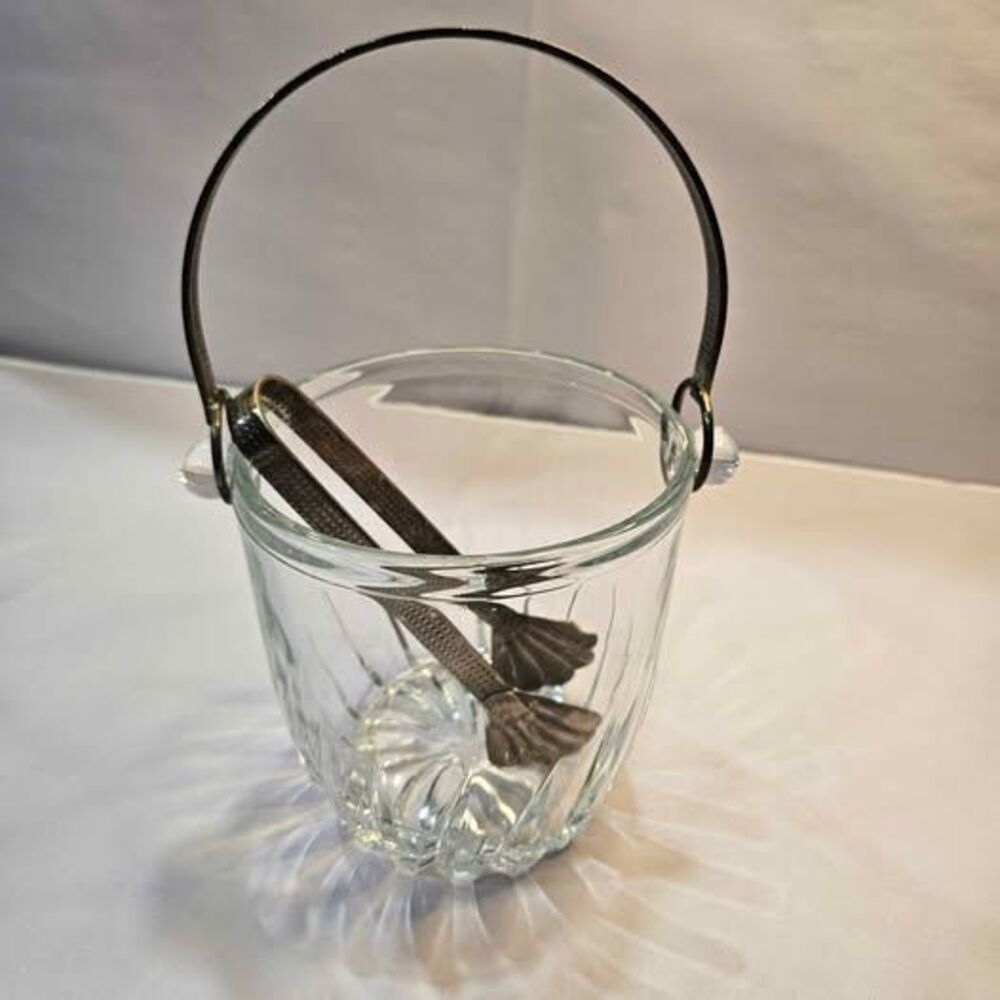 Vintage Glass Ice Bucket with Shell Tongs